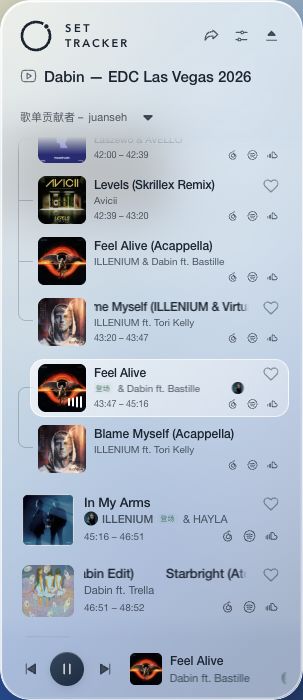 SET TRACKER showing the Dabin tracklist, cover art and playback controls.
